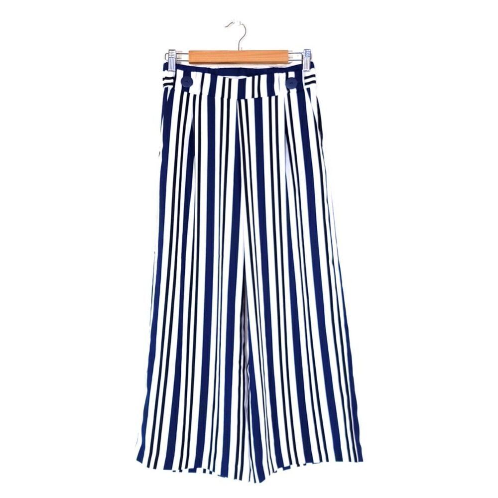 ZARA Wide Leg Culotte Cropped Nautical Sailor Pant Navy White Stripe 70s Boho